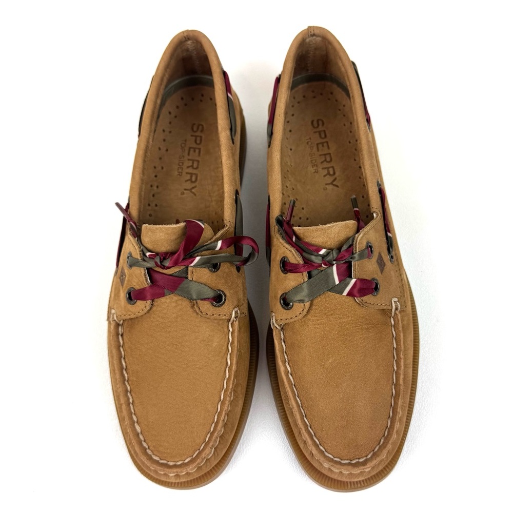 Sperry loafers original 2 eye ribbon laced preppy academic leather tan boat shoe